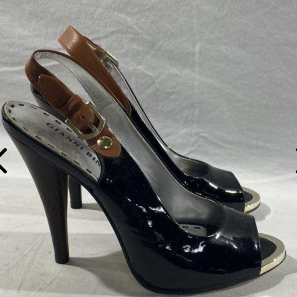 Gianni Bini Black Patent Leather Peep Toe Slingback Heels Wood Stiletto Size 8M